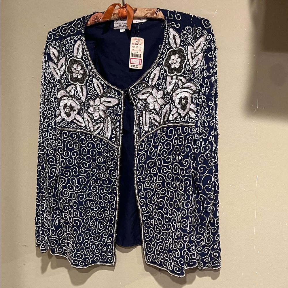 Stenay Silk Cardigan with Navy and White Accents